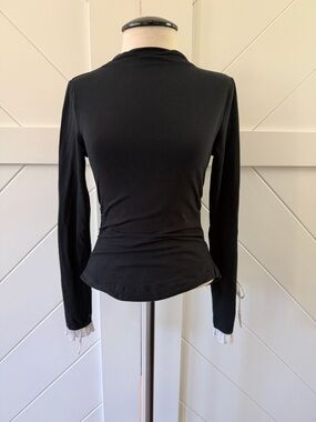 Maeve Black Long-Sleeve Slim Tee with lace detail Cuff